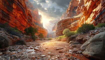 Canyon Adventure, Hiking trails winding through majestic canyon walls, capturing the spirit of exploration and adventure - obrazy, fototapety, plakaty