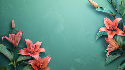 A captivating image featuring bright orange lilies against a teal textured background highlighting...