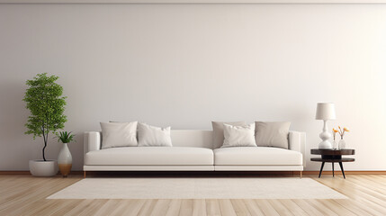 Fototapeta na wymiar view of white living room in minimal style with sofa and wooden floor