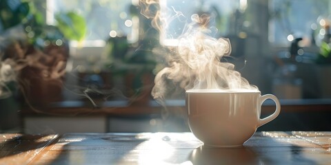 Steam Rising from a Hot Coffee Mingling with the Chilly Morning Air a Visual Dance of Temperatures