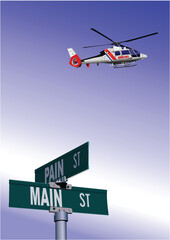 Pure guide sign of crossing of streets  and helicopter image. 3d color hand drawn vector illustration