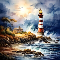 an illuminated lighthouse on a cliff - obrazy, fototapety, plakaty
