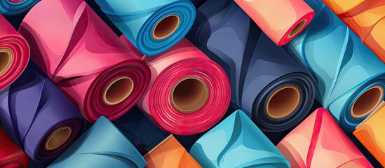 An array of vibrant Blue, Purple, and Magenta rolls of fabric are neatly stacked, creating a eyecatching pattern with shades of Electric blue. The circular rolls resemble an Art display