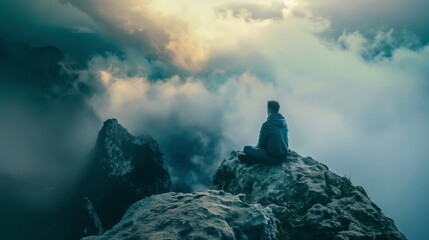 Hiker hiking sit on top of rock mountain enjoy view of sunset in mountain range clouds under cliff - Powered by Adobe