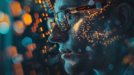 Man with spectacles eyeglasses look at glowing computer data programming codes matrix hologram