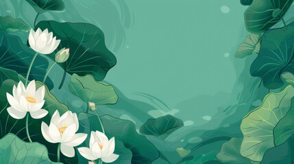 This image showcases pristine white lotus flowers emerging among rich green foliage in a stylized illustration