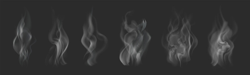 Set of realistic smoke pattern or fire steam effect isolated on dark background. White smoke or misty fog with overlay texture. Transparent smoke or cloud set as vector weather element. Chimney smoke 