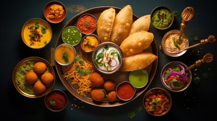 A colorful street food scene with chaat, samosas, and pani puri in an overhead shot