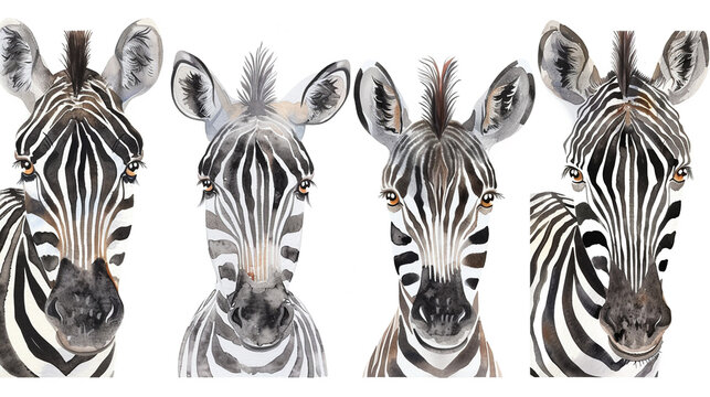Cute set portraits of charectors of zebra in watercolour cartoon style.Isolated on white background.
