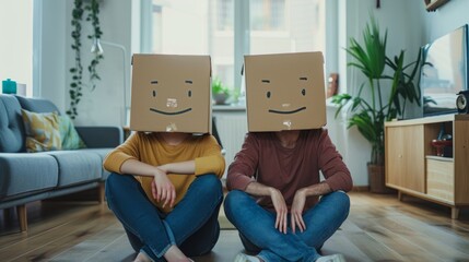 Two people are sitting on the floor with cardboard boxes on their heads (funny looking people)