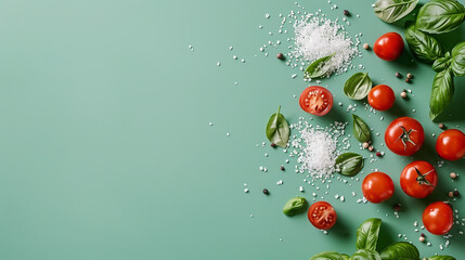 Top view flat lay of fresh culinary ingredients, tomatoes, basil, sea salt on green background Healthy food concept