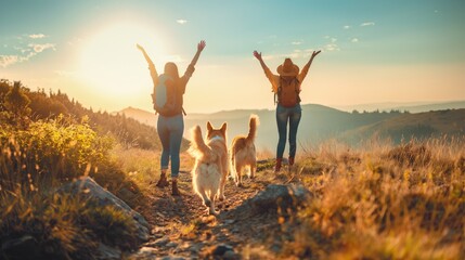 Two hikers hiking on mountain pathway with two dogs during sunset female friends hands in the air happy celebrate success reach destination - obrazy, fototapety, plakaty