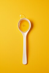 Top view of a plastic spoon with honey in it, isolated on a yellow background.