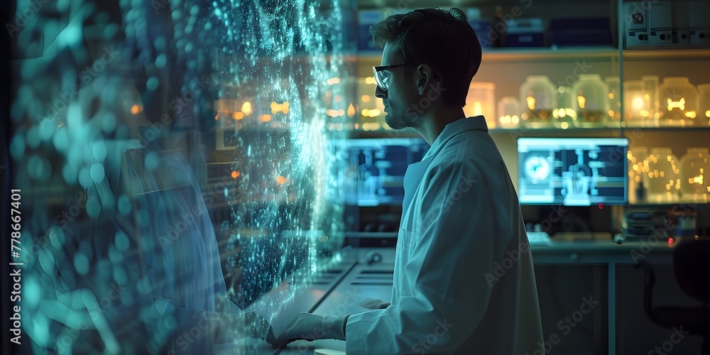 Poster scientist interacting with futuristic holographic display in research lab setting