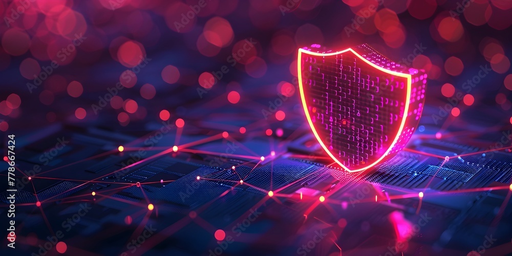 Poster cybersecurity shield amidst glowing digital network protecting critical assets from cyber attacks
