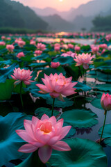 blooming pink lotuses on the lake at dawn