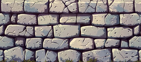 Detailed view of a sturdy stone wall with green grass and scattered rocks, creating a natural and textured background - obrazy, fototapety, plakaty