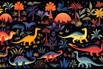 Obraz na płótnie Canvas Dinosaurs, A playful pattern of dinosaurs in a prehistoric setting, AI generated