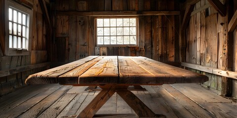 Reclaimed Oak Table in Rustic Barn Setting for Organic Products with Copy Space