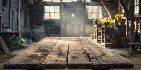 Fototapeta premium Reclaimed Oak Table in Rustic Barn Setting for Organic Products