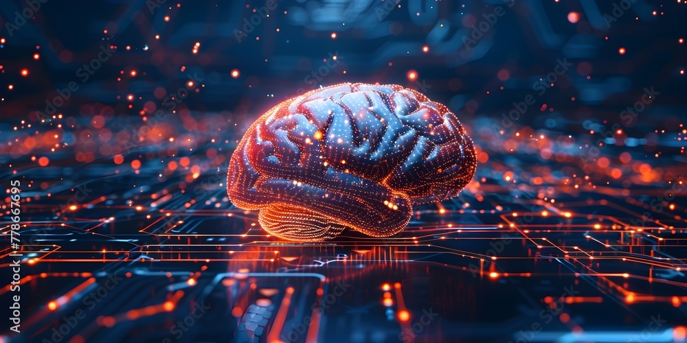 Poster artificial intelligence brain glowing tech concept highlighting machine learning potential