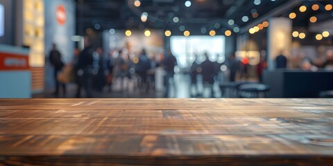 Wooden Table in Bustling Trade Fair Backdrop for Product Launches and