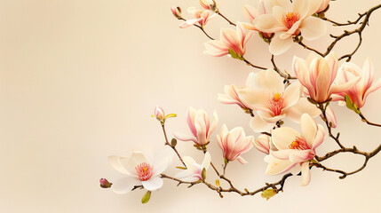 A high-quality image showing a delicate branch of magnolia flowers in bloom against a soft beige...