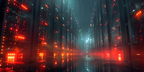 Glowing Silhouettes of a Futuristic Data Center A Technological Hub of Modern Communication