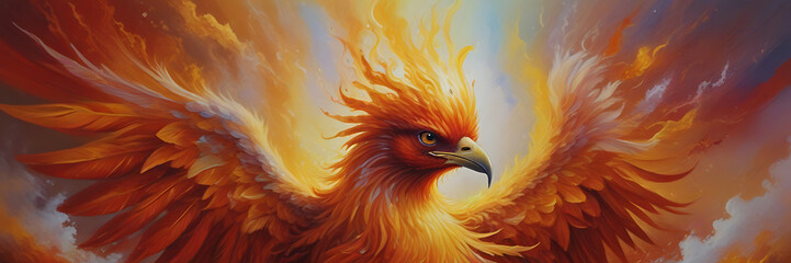 Obraz premium A resplendently ethereal phoenix of glistening gold and fiery reds, feathers shimmering like liquid sunlight, and eyes glowing with celestial wisdom. fire