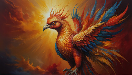 Obraz premium A resplendently ethereal phoenix of glistening gold and fiery reds, feathers shimmering like liquid sunlight, and eyes glowing with celestial wisdom. majestic