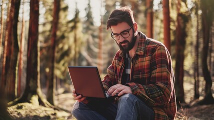 Man with spectacles eyeglasses typing on laptop on his leg in forest during day male Caucasian with...