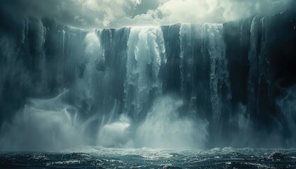 Thundering Waterfall, A powerful waterfall surrounded by mist and spray, conveying the energy and force of nature's wonders - obrazy, fototapety, plakaty