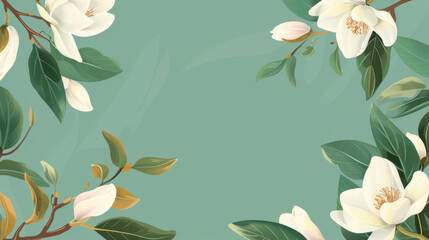 Beautiful botanical illustration of magnolia flowers and leaves against a calming green background,...