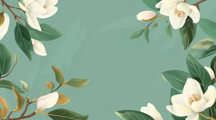 Zelfklevend Fotobehang Beautiful botanical illustration of magnolia flowers and leaves against a calming green background, ideal for a refreshing wall feature © road to millionaire