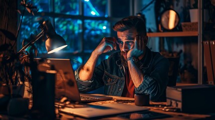 Man rest chin on hand worrying unhappy sad at laptop at dark room beside window - Powered by Adobe