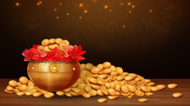 Illustration of Background with kalash and gold coins for Indian fes
﻿