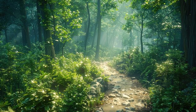 Enchanted Forest Path, A winding path through a dense forest canopy, inviting viewers on a journey of exploration and discovery