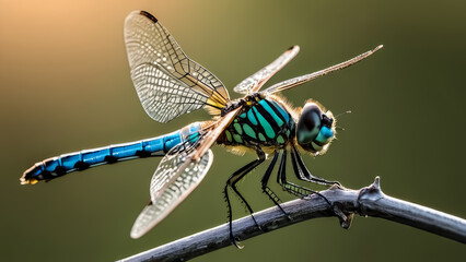 Shining Sun and Twigs Highlight Dragonfly on a Rock in Cinematic Photo Illustration