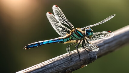 Cinematic Photo Illustration of a Dragonfly on a Rock with Shining Sun and Twigs Background Captures the Beauty of Nature