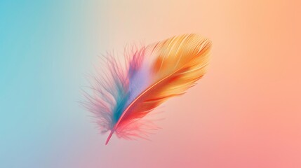 Colored bird feather floating in air on gradient background  - obrazy, fototapety, plakaty