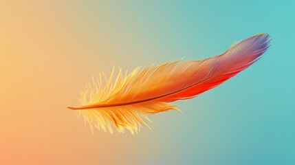 Colored bird feather floating in air on gradient background 