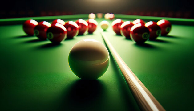 A snooker scene focused on the white cue ball with the cue stick aligned for a shot. The red snooker balls are arranged in back