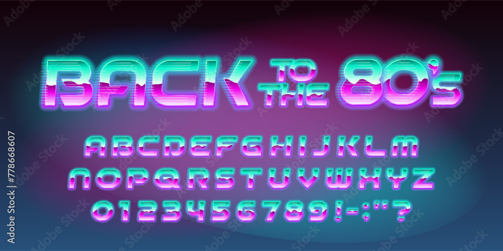 Fototapete back to the 80s alphabet font. 80s style bright neon letters and numbers. stock vector typescript fo