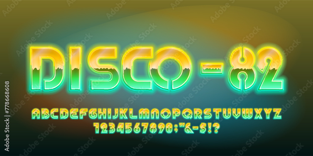 Poster disco-82 alphabet font. 80s style bright neon letters and numbers. stock vector typescript for your 