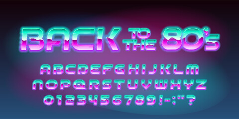 Back to the 80s alphabet font. 80s style bright neon letters and numbers. Stock vector typescript for your design. - obrazy, fototapety, plakaty