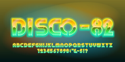 Disco-82 alphabet font. 80s style bright neon letters and numbers. Stock vector typescript for your design.