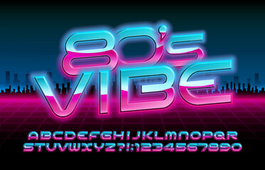 80s Vibe alphabet font. 80s style glowing neon letters and numbers. Stock vector typescript for your design. - obrazy, fototapety, plakaty