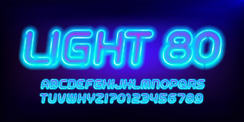 Light 80 alphabet font. Neon color letters and numbers. Stock vector typeface for your design.