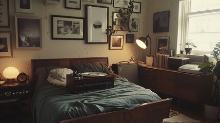 a cozy mid-century bedroom adorned with a vintage record player, a retro bedside lamp, and a gallery wall of black and white photography.