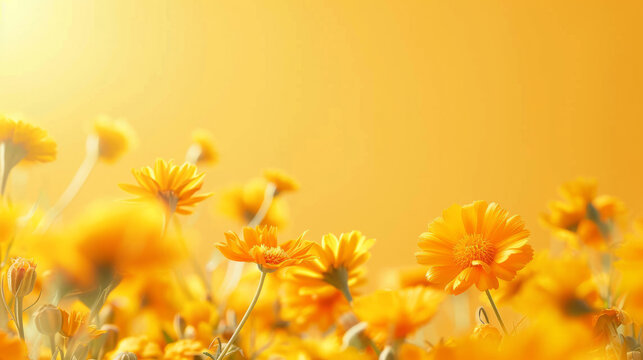 Cheerful calendula flowers in full bloom against a bright, sunny background, perfect for joyful and refreshing designs